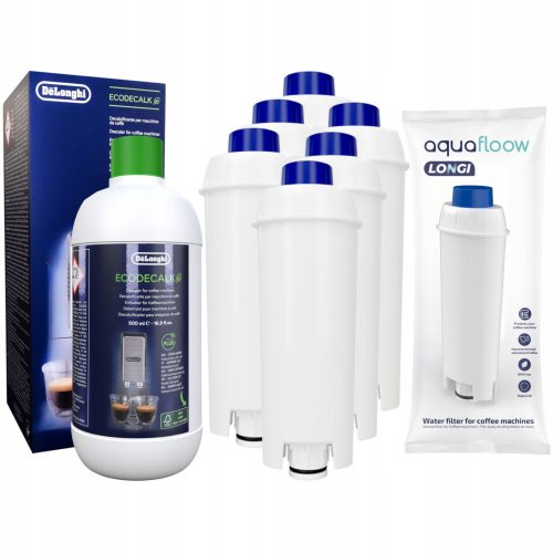  6× Filtro acqua per macchina da caffè AquaFloow Longi bianco + decalcificante Delonghi Ecodecalk DLSC500 500 ml