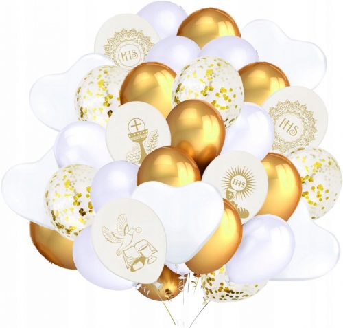  COMUNIONE Palloncini Coriandoli Cuori Oro Bianchi 35 pz.