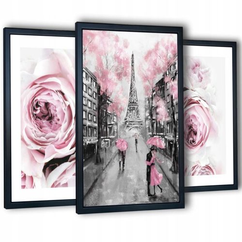 3 quadri per soggiorno nella cornice Peonie Rosa 129x63