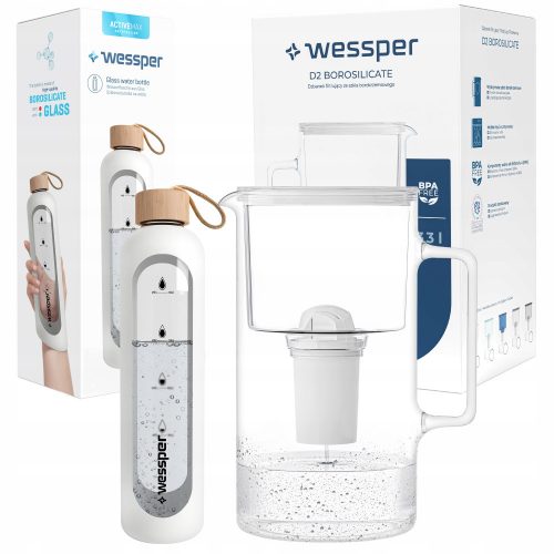  Caraffa filtrante Wessper D2 Borosilicate Aquaclassic 3,3 l bianca + bottiglia Wessper 1000 ml