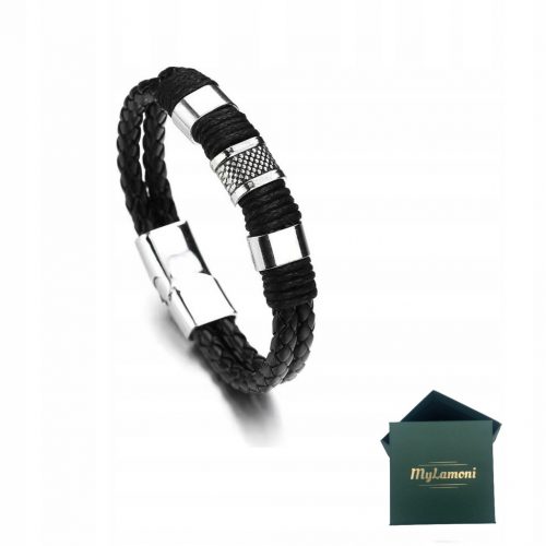  BRACCIALE DA UOMO IN PELLE, NERO, PELLE ARGENTO