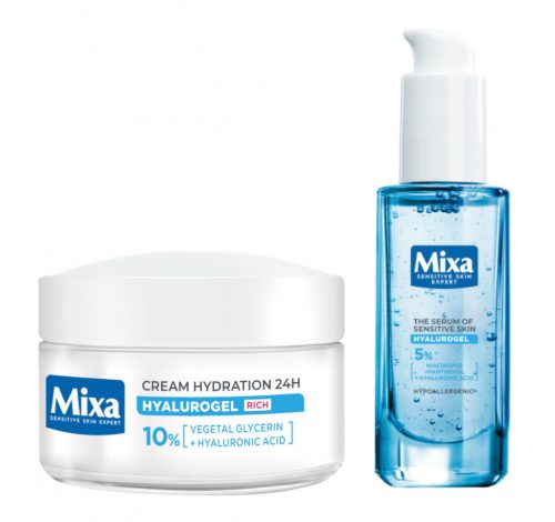  Set Mixa Hyalurogel: ricca crema viso idratante giorno e notte per pelli sensibili 50 ml, siero ipoallergenico con acido ialuronico 30 ml