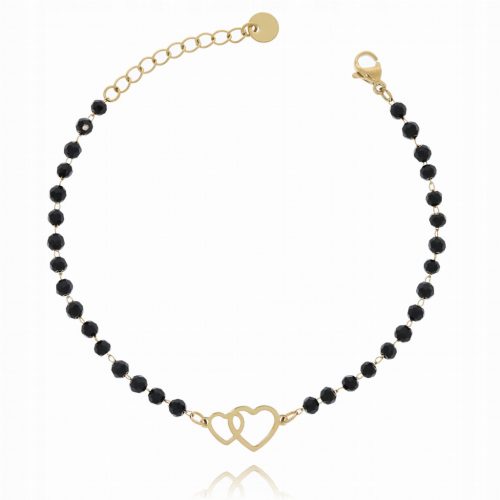  Bracciale con perline in acciaio nero e cuori d'amore