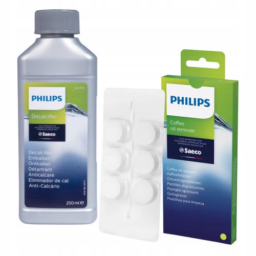  Decalcificante liquido per macchine da caffè espresso Philips Saeco Decalcifier 0,25 l + pastiglie sgrassanti per il gruppo caffè Philips 6 pz.