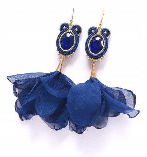  Orecchini soutache BOHO, blu navy, oro, fiore nuziale