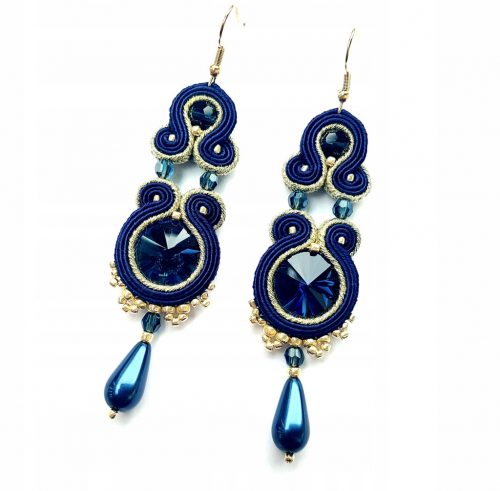  Orecchini soutache, blu navy, oro, matrimonio, perla