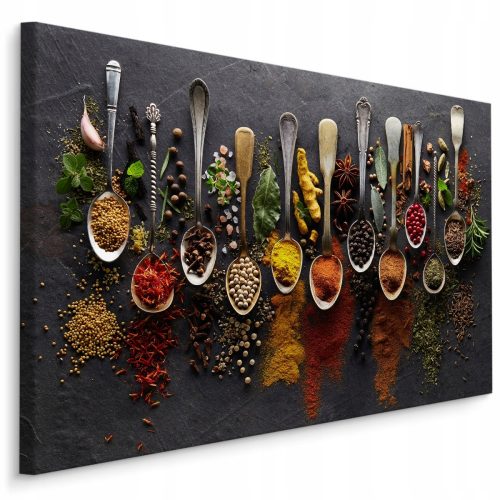 Quadro per la cucina: spezie, posate, erbe aromatiche, 70x50