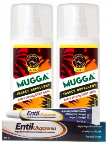  2× Mugga Deet spray zanzare e zecche 50% 75 ml + Entil gel punture Entil punture 8 ml 8 g