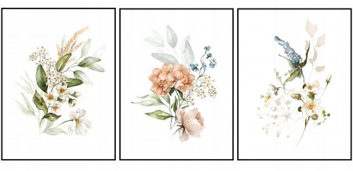 Set di poster grafici con fiori, trittico vegetale, senza cornice, 30 x 40 cm