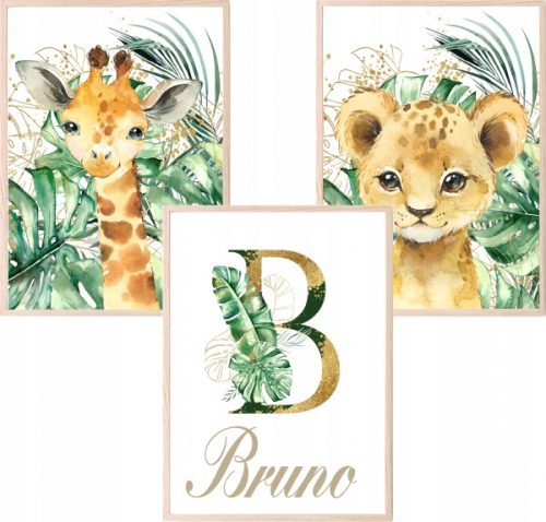  Set di 3 poster A3 Animali safari Nome del bambino