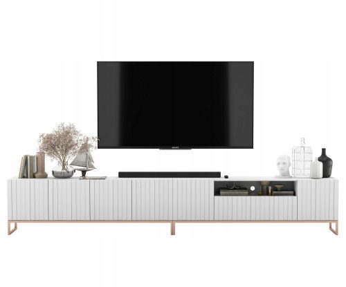  Cassettiera TV Moderna Glamour, Mobile TV Bianco Opaco, Frontali Canne, 300 cm