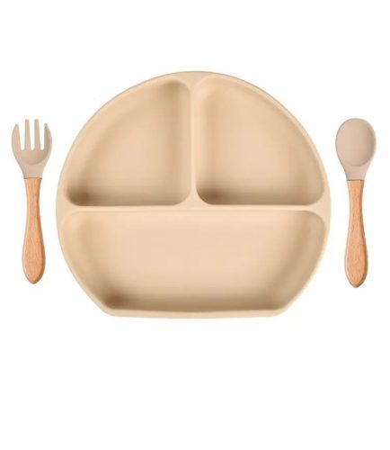  Piatto in silicone con ventosa per bambini + posate beige BLW 6m+ Chichi