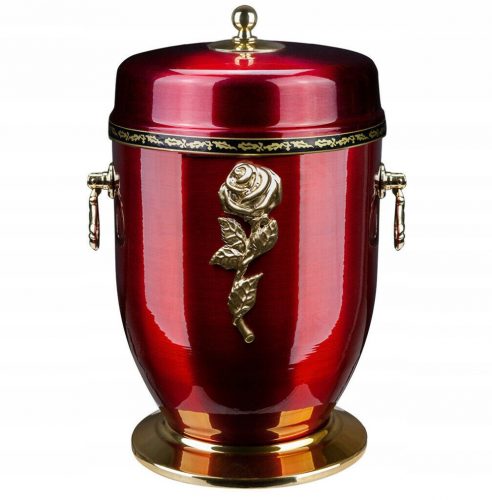 Urna per ceneri in metallo rosso con rosa, urna funeraria, urna crematoria