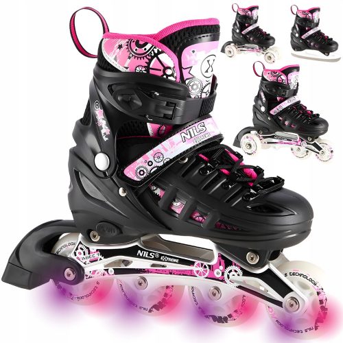  Pattini in linea 4in1 Nils Extreme NH10905, neri e rosa, taglie 31-34