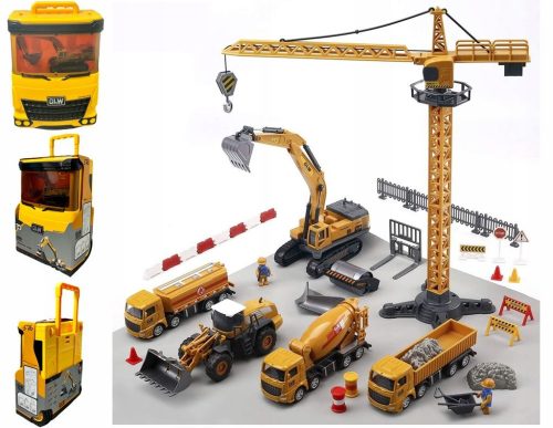  SET VALIGIA GRANDE VEICOLI DA COSTRUZIONE ESCAVATORE GRU CAMION FIGURINE