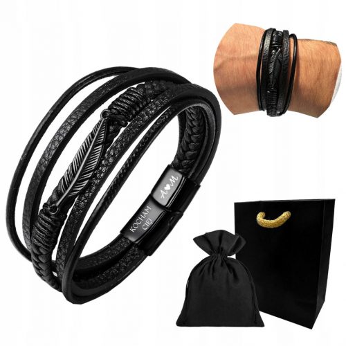  Bracciale da uomo in PELLE, piuma nera, pelle elegante + INCISIONE GRATUITA!