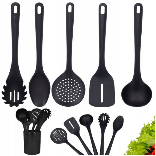 Set utensili da cucina con contenitore, spatola, mestolo, nero, 5 pz