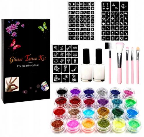  GRANDE SET DI TATUAGGI CREATIVI MODELLI PER TATUAGGI GLITTER PENNELLI + COLLA + GIOCATTOLO SENSORIALE ANTISTRESS PER BAMBINI PUSH BUBBLE POP IT ANTI STRESS