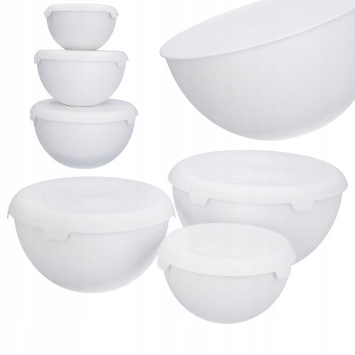 Set di ciotole, ciotole da cucina in plastica con coperchio, bianco, 3 pezzi, 1,5 l, 3 l, 6 l