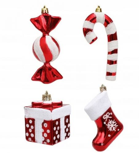  SET SFERE DI NATALE INFRANGIBILI PER ALBERO DI NATALE, CARAMELLE ROSSE, 4 PZ