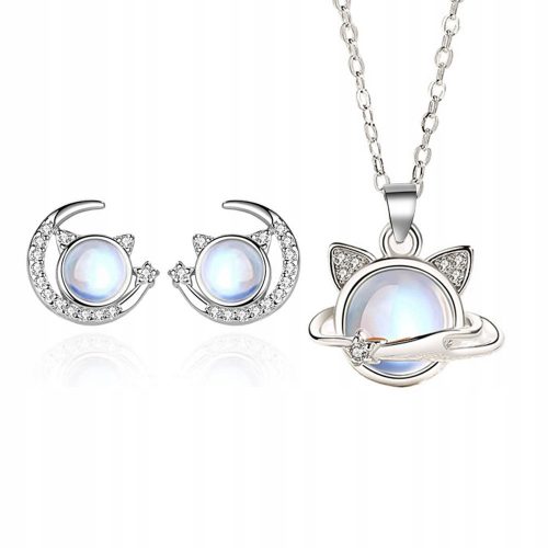  Orecchini con collana con gatto, set da 2 pezzi, pietra al chiaro di luna, argento S925