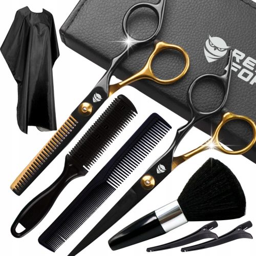  Forbici da taglio PRO BARBER Sharp + forbici per sfoltire + set mantella oro e nero