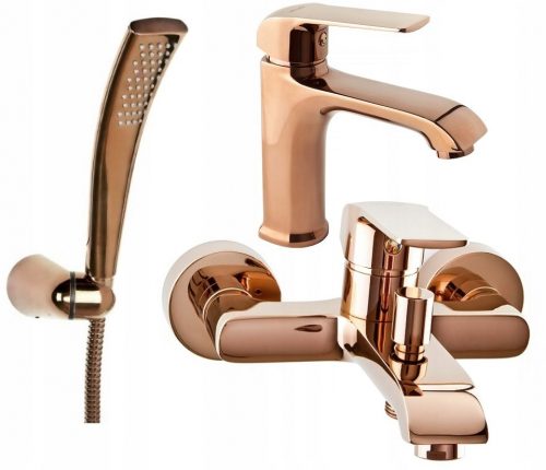 Rubinetto per vasca e doccia a parete Valvex Aurora Rose gold bianco + Rubinetto per lavabo da terra Valvex ROSE GOLD oro