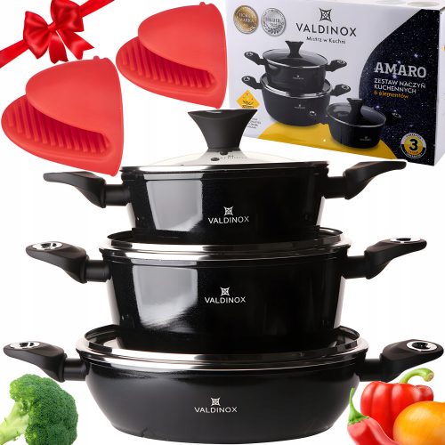 Set pentole Valdinox Amaro in alluminio, 6 pz. + 2× GUANTI DA CUCINA IN SILICONE RESISTENTE AL CALORE rosso