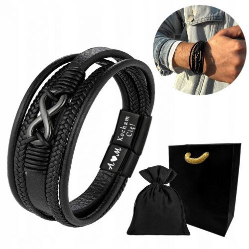  Bracciale da uomo in pelle, nero, INCISIONE infinita SAN VALENTINO + GRATIS