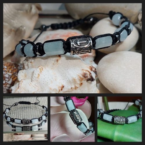  BRACCIALE RUNE UOMO DONNA, ACCIAIO TEIWAZ, PIETRA ACQUAMARINA, EMATITE