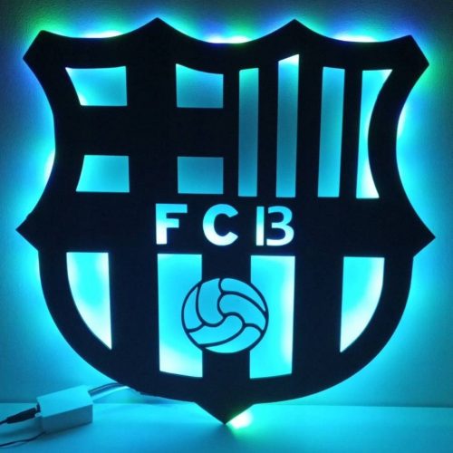 Lampada notturna a LED con foto dello stemma del calcio in legno dell'FC Barcelona