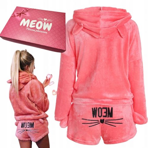  CALDO PIGIAMA MEOW IN PELUCHE DUE PEZZI DONNA FELPA SHORTY CAT XL