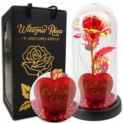 ROSA ETERNA IN VETRO LED + CUORE I LOVE YOU ILLUMINAZIONE, FUNZIONAMENTO A BATTERIA + CAVO USB