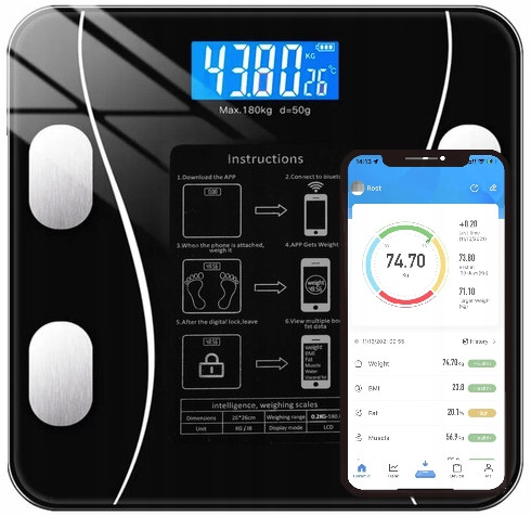 Bilancia elettronica SMART, analitica, in vetro, 180KG, Bluetooth BT