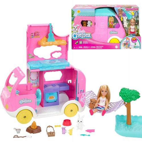  Barbie Chelsea Camper rosa + bambola Chelsea + 14 accessori HNH90