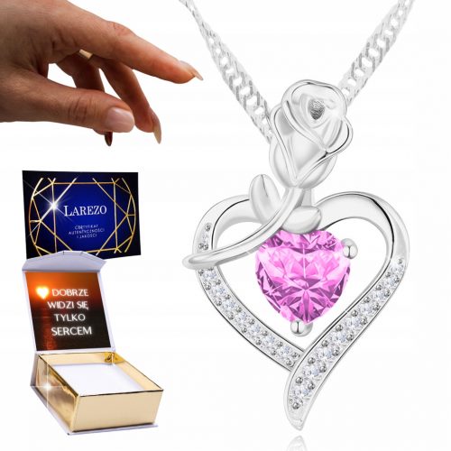  Collana in Argento 925 Fiore Rosa Cuore Cuore con Zirconi Cubici Rosa + STAMPA