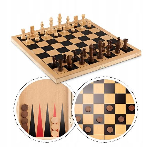  GIOCO 3in1 SCACCHI SFONDO SCACCHI (NARDS) SET GRANDE IN LEGNO 34x34 cm