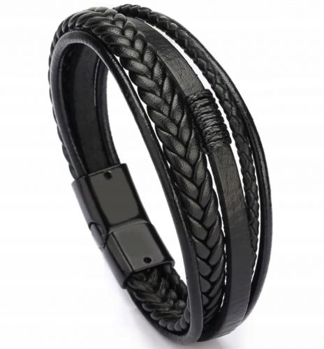  Bracciale in pelle intrecciata nera, robusta chiusura magnetica in acciaio inossidabile