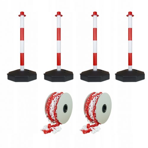 Palo stradale per recinzioni bianco e rosso 4x + catena stradale 2x Set