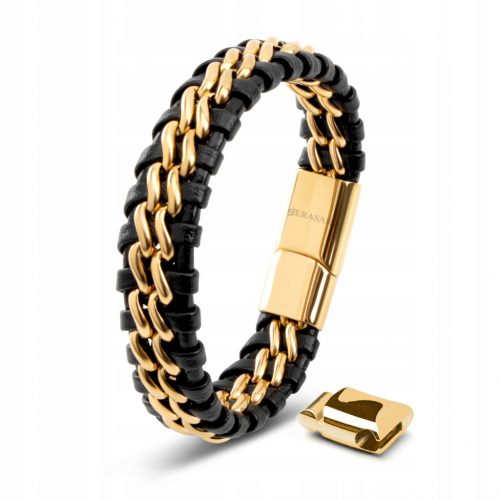  Bracciale in pelle da uomo [Acciaio] Oro