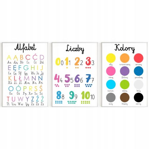  Set di 3 Poster Educativi A3 MONTESSORI Alfabeto Numeri Colori MODELLI