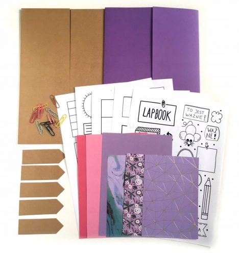  Kit per la preparazione del lapbook, A4, 2 cartelle, kraft, grafica viola, carta