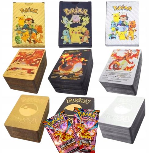  Carte POKEMON 3in1 165 pezzi Oro Nero Argento Set + 3× FIAMME OSSIDIANE Carte Pokemon 1 busta da 10 carte