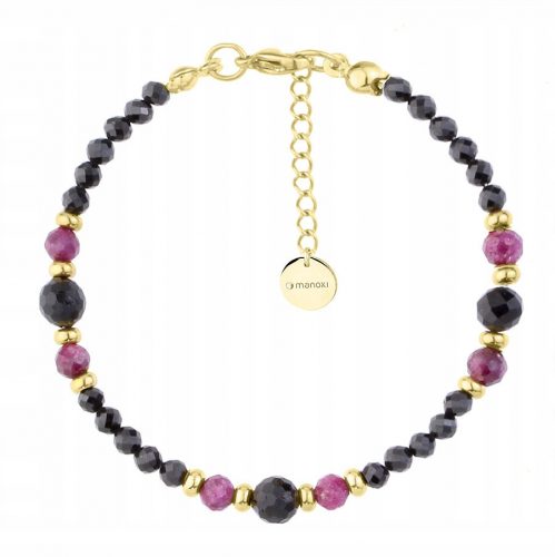  Bracciale placcato oro con tormaline nere e rubini rosa