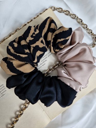  Fascia per capelli SCRUNCHIE grande XL, zebrato satinato nero TRE COLORI abbinati