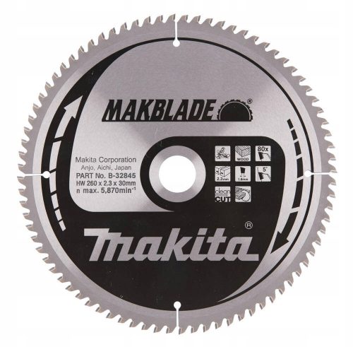  MAKITA B-32845 DISCO DA TAGLIO PER LEGNO 260x30 80z