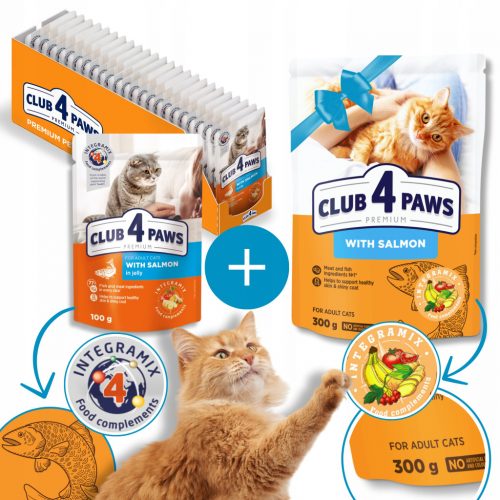  CLUB 4 PAWS alimento umido per gatti - Salmone in gelatina 24x100 g + OMAGGIO