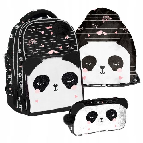  PASO PANDA SET SCUOLA ZAINO BORSA ASTUCCIO IN PELUCHE PER BAMBINA NERO