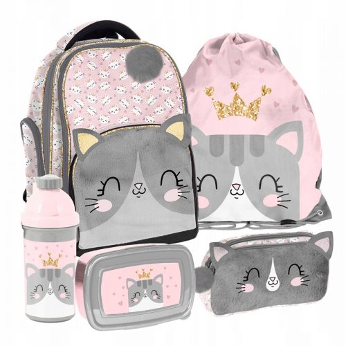  SET SCUOLA PASO KITTY, ZAINO IN PELUCHE, PORTAPENNE, PORTA PRANZO