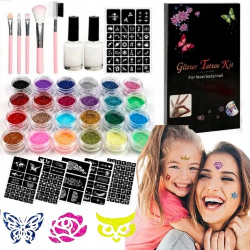  GRANDE SET DI TATUAGGI MODELLI PER TATUAGGI GLITTER 24 COLORI